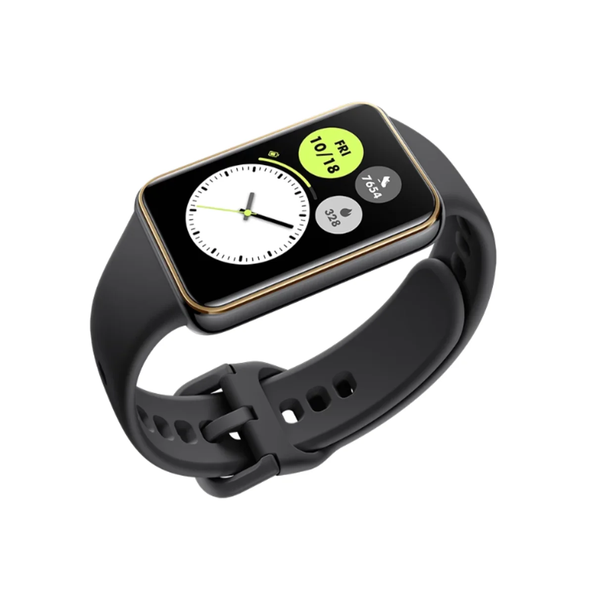 Schwarze Smartwatch mit goldenem Rand zeigt Uhrzeit, Datum, Schritte u. Akku.