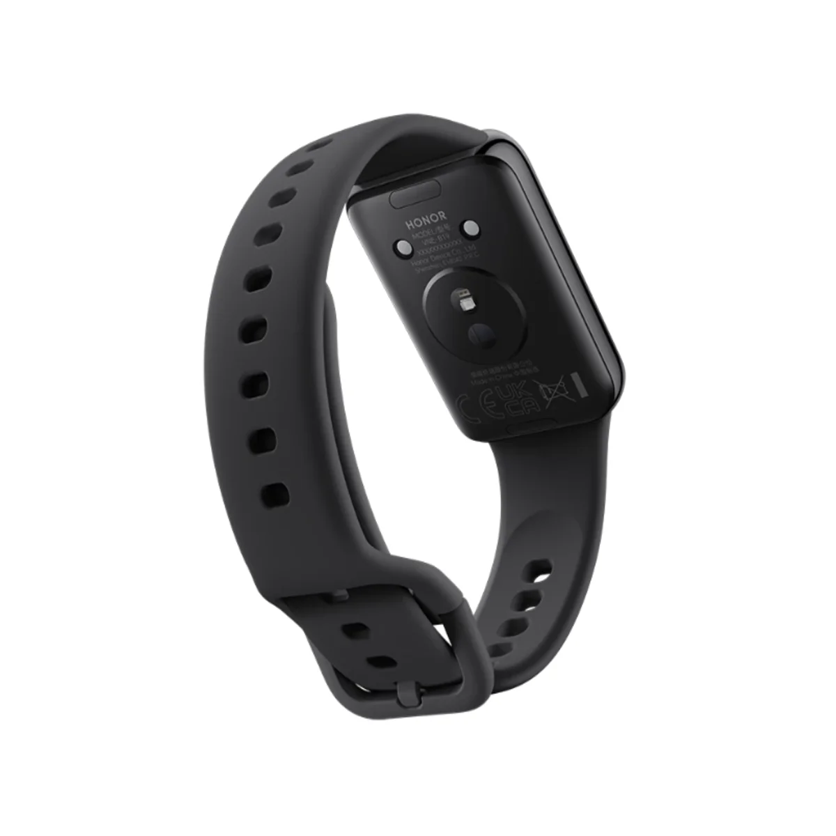 Rückseite eines schwarzen Honor Smartbands mit Ladekontakten und Zertifizierungen.