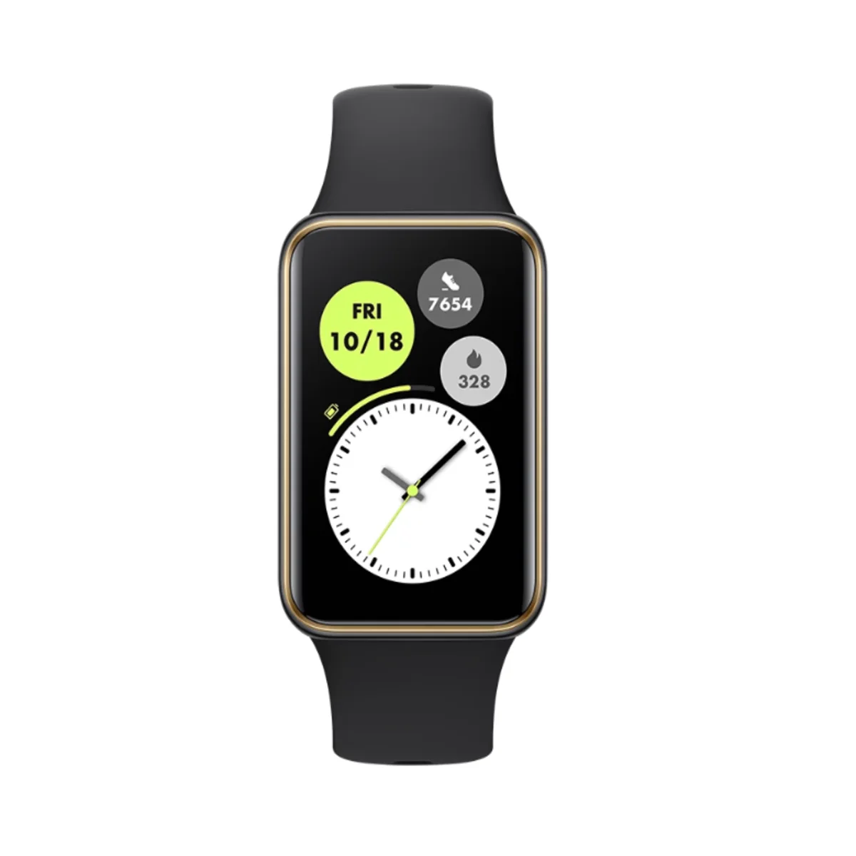 Eine schwarze Smartwatch mit goldenem Rahmen und einem Zifferblatt mit Datum und Uhrzeit.