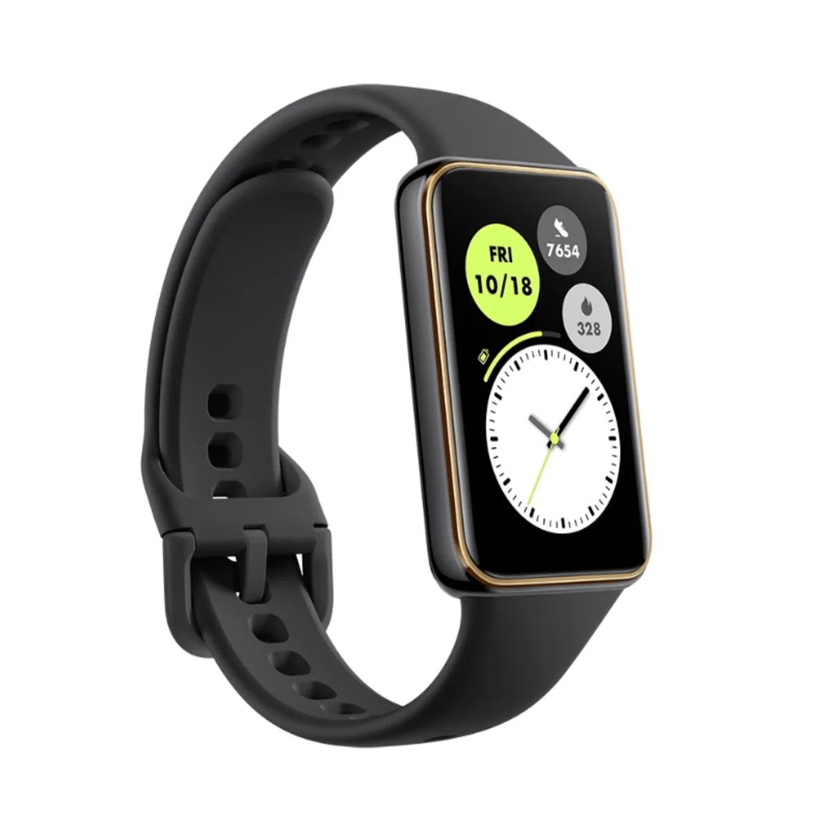 Schwarze Smartwatch mit goldfarbenem Rand und buntem Zifferblatt.