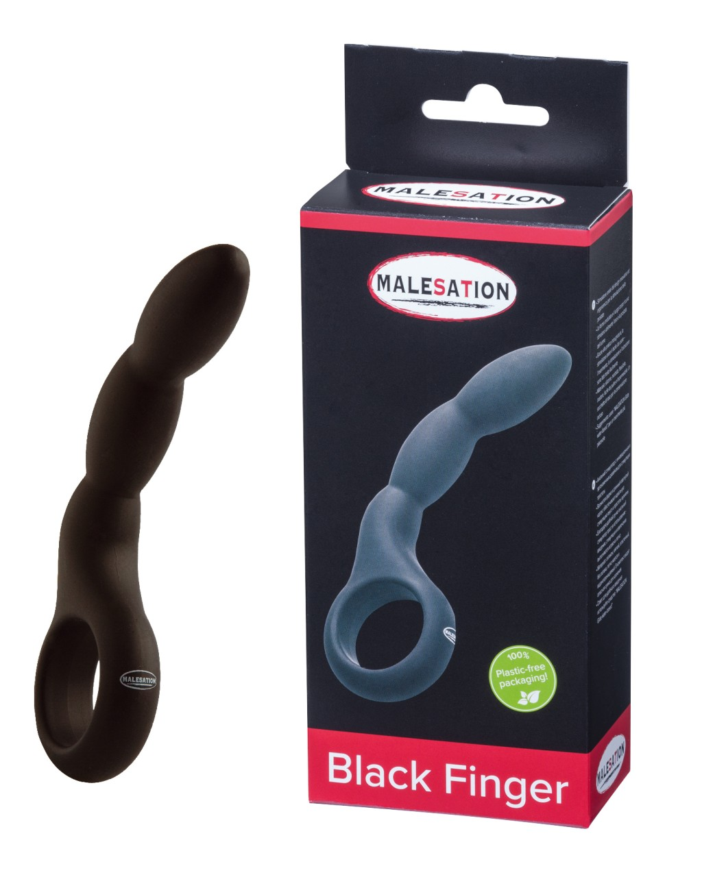 Schwarzer Finger Gleitmittelprodukt mit Verpackung. Links ein schwarzes Produkt, rechts die schwarze Verpackung.
