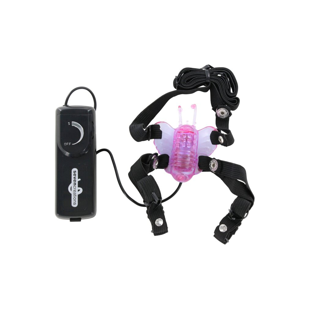 Ein pinker Schmetterling-Vibrator mit schwarzen Gurten und einem schwarzen Fernbedienungsgerät.