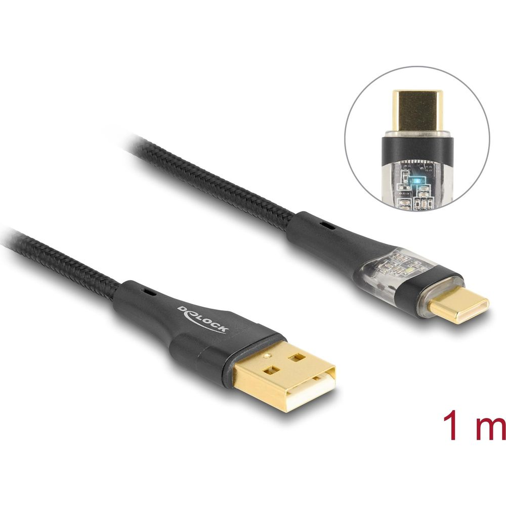 Schwarzes USB-Kabel mit Goldsteckern und 1m-Markierung.