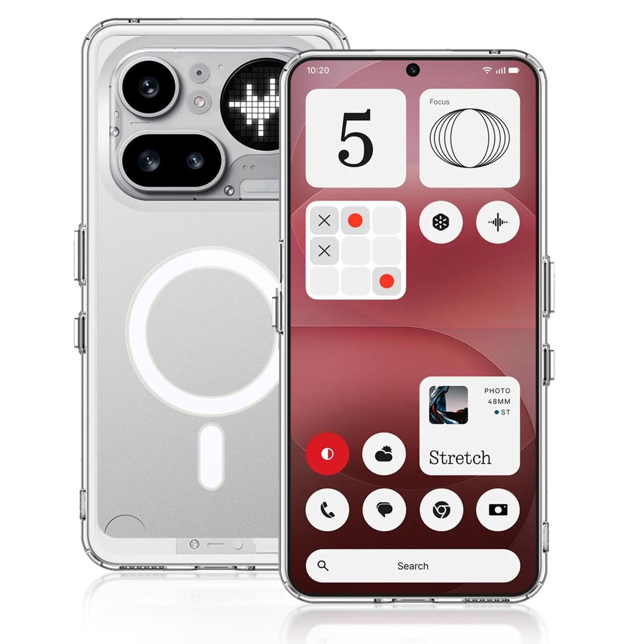Ein transparentes Handy mit einem klaren Gehäuse und einem Telefonbildschirm.