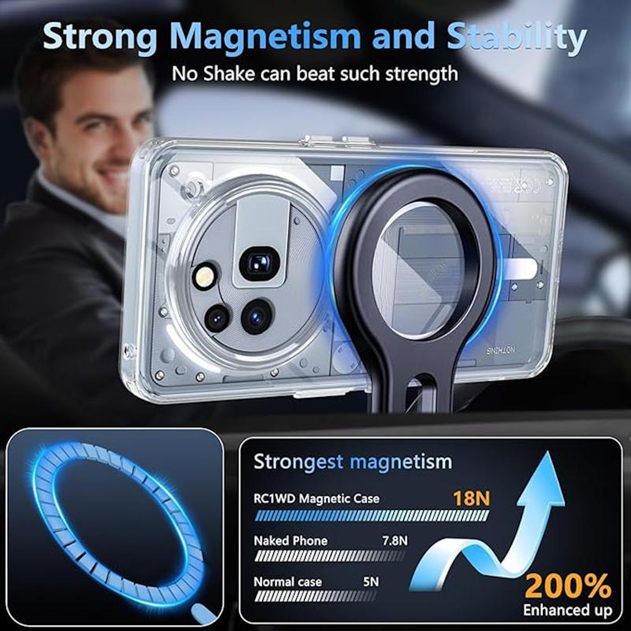 Mann mit Handyhülle, starker Magnetismus, 200% verstärkt.