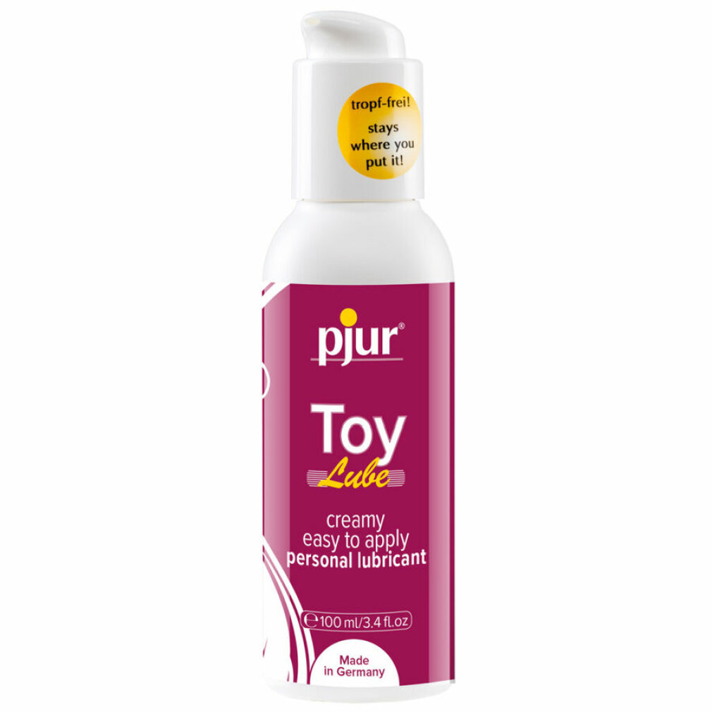 Una botella blanca de pjur Toy Lube, 100 ml, Hecho en Alemania.