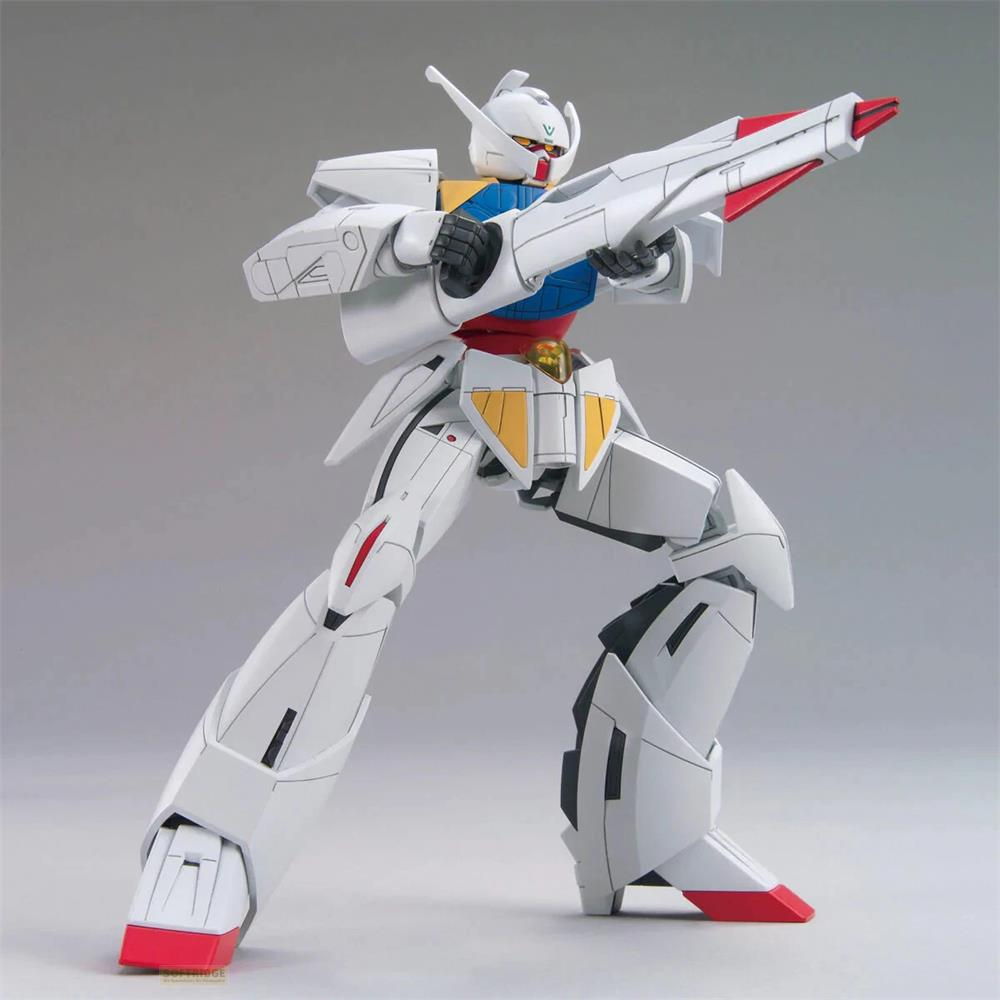 Weiße Roboterfigur mit roten und blauen Akzenten, hält ein großes weißes Gewehr, auf grauem Hintergrund.