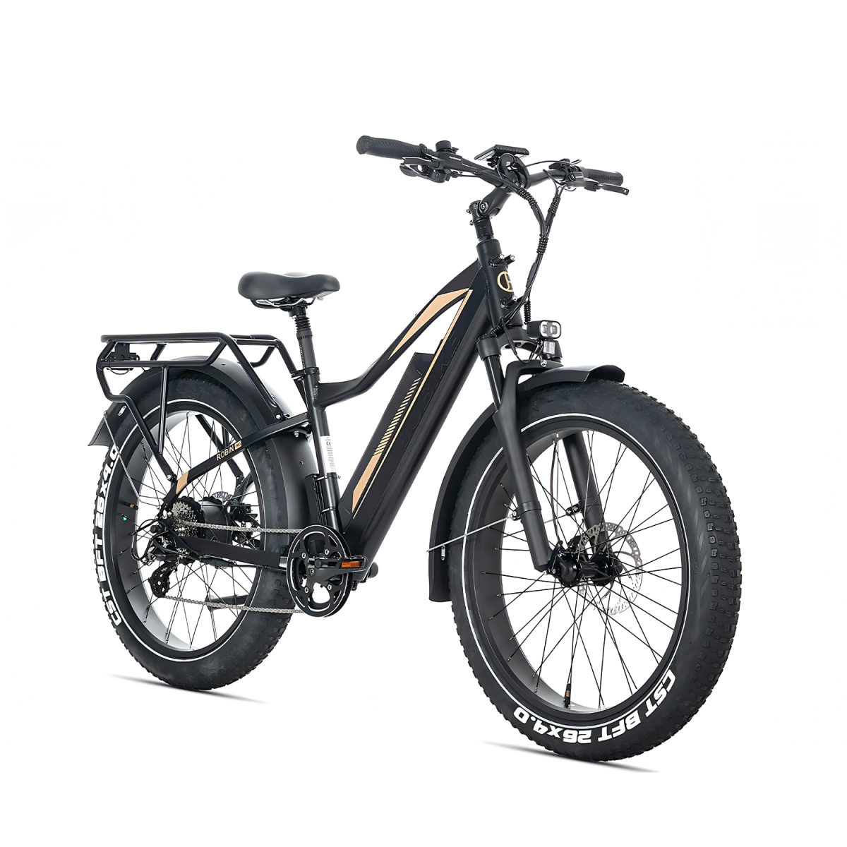 Czarny rower elektryczny z grubymi oponami, bagażnikiem i złotymi akcentami.