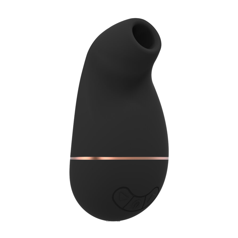 Ein schwarzes, ergonomisches Gerät mit einem roségoldenen Ring und Bedienelementen.