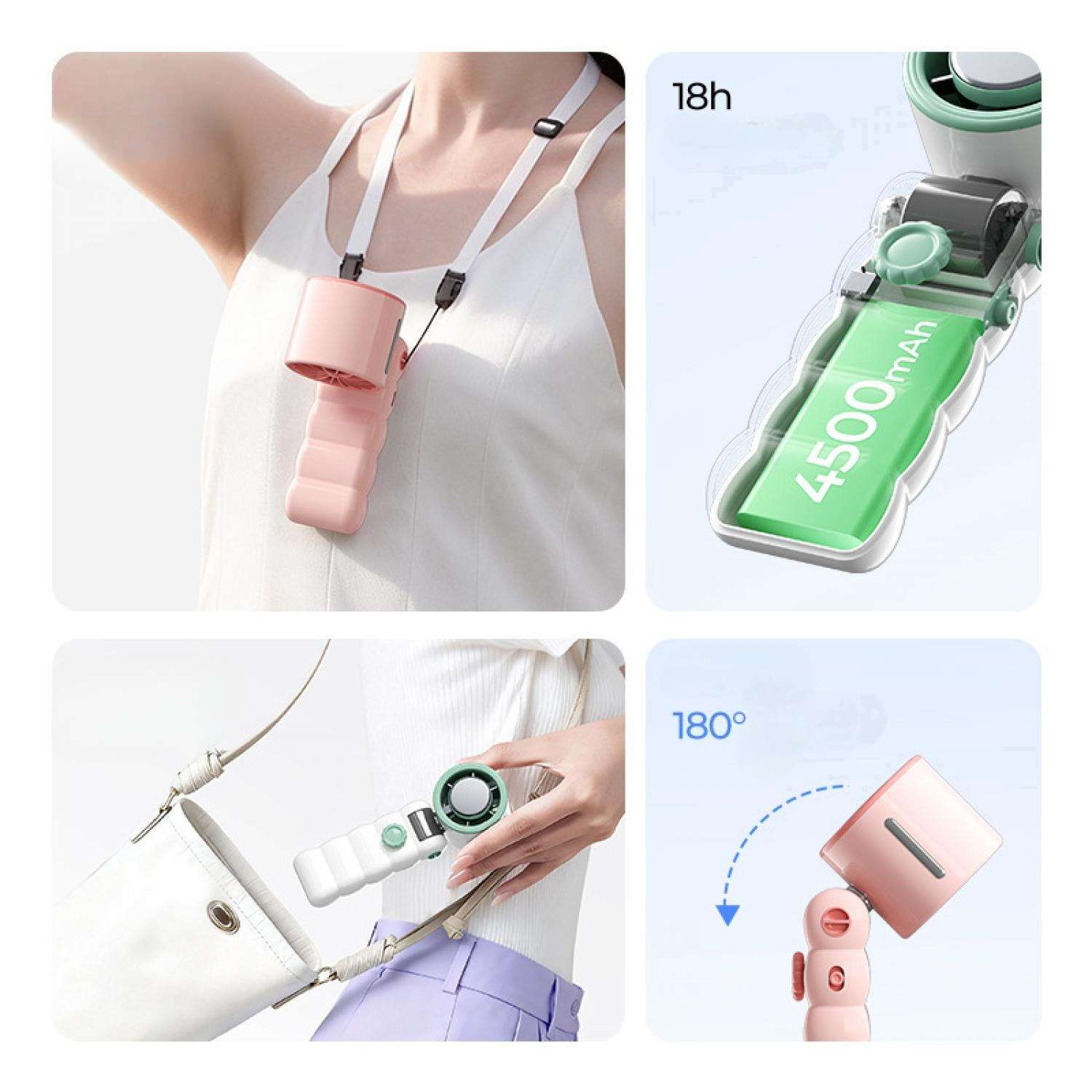 Tragbarer Ventilator mit 4500mAh Akku, 18h Laufzeit, verstellbar um 180 Grad.