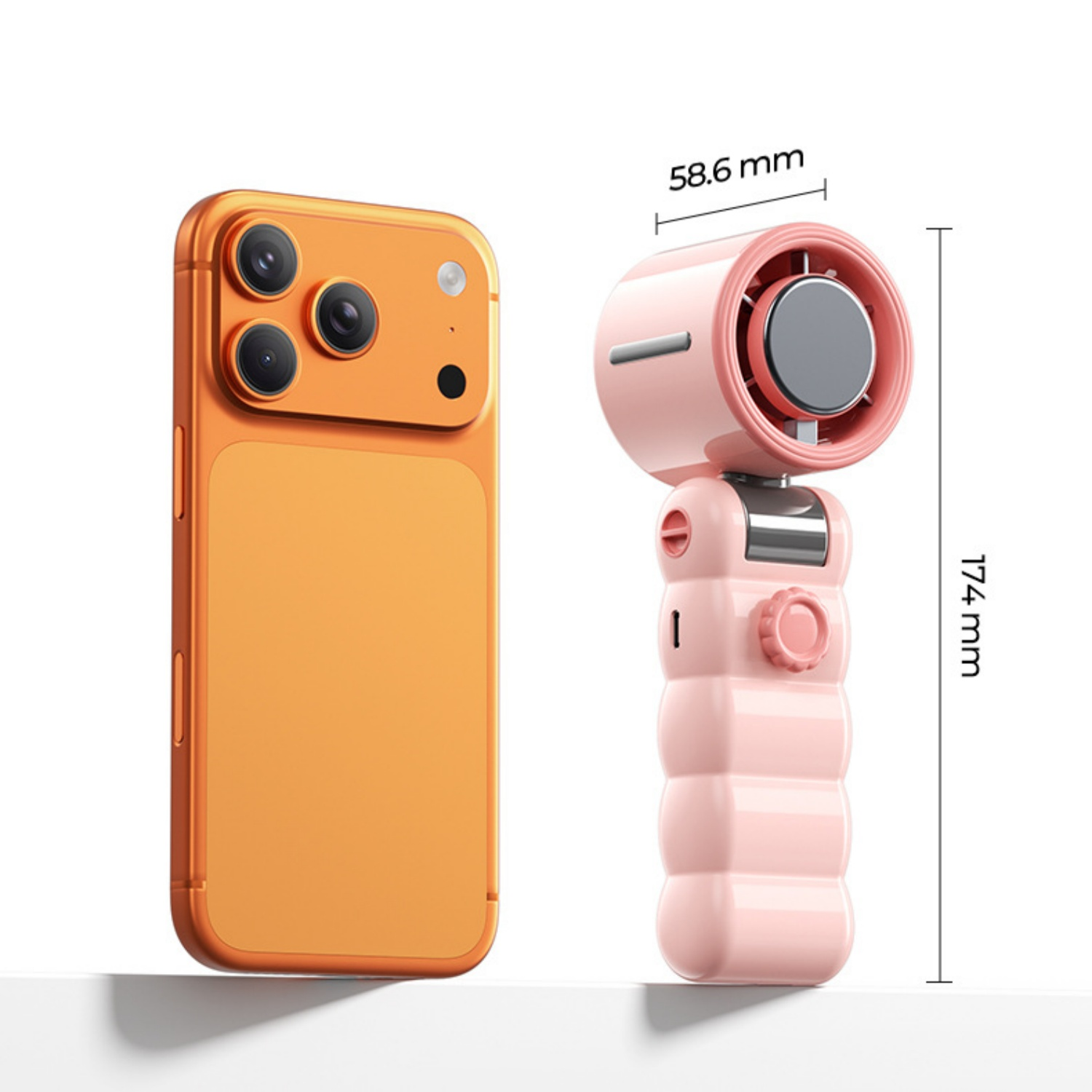 Oranges Smartphone neben einem pinken Handventilator mit Maßen.