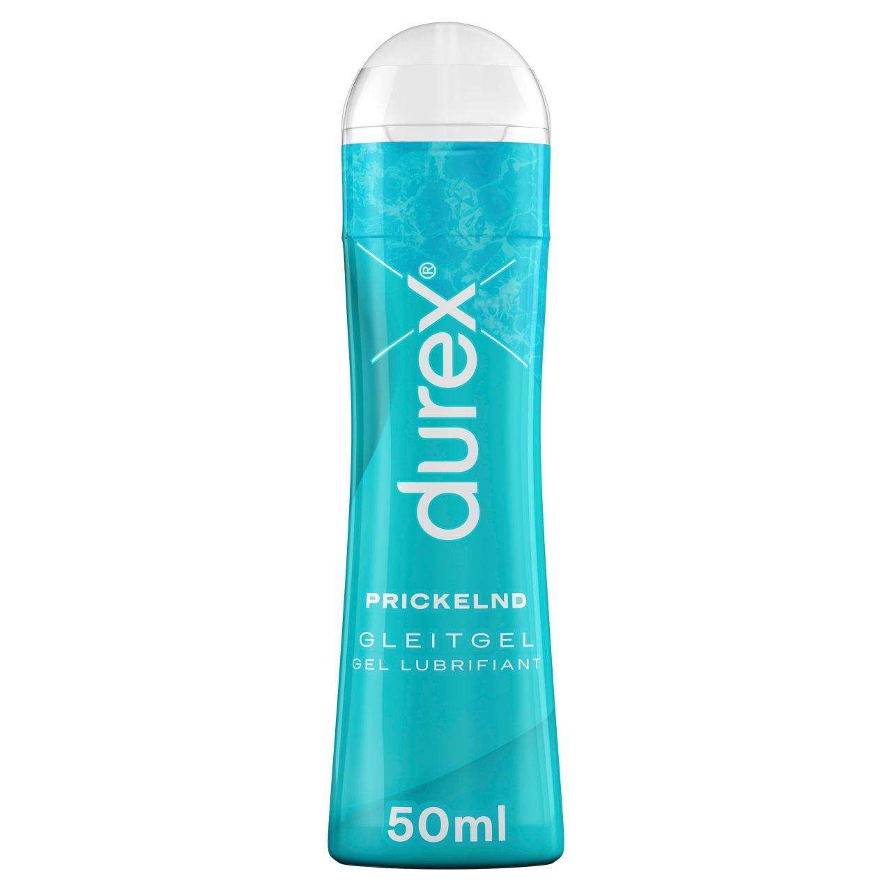 Türkise Durex-Flasche mit weißem Verschluss, beschriftet mit 'Prickelnd Gleitgel' und '50ml'.