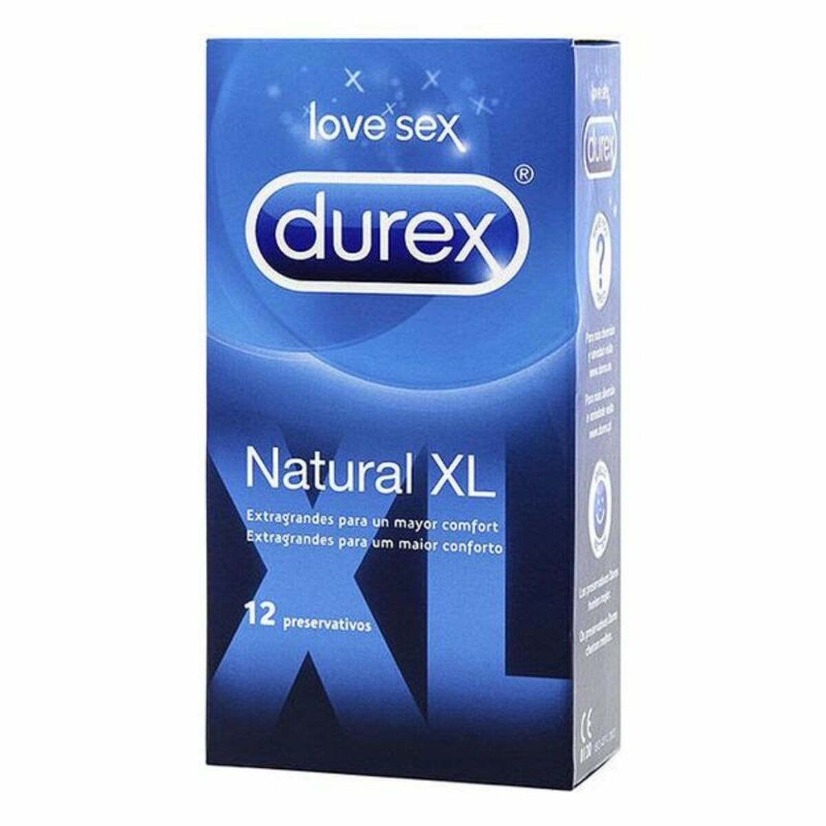Blaue Durex Natural XL Kondompackung mit 12 Stück, "love sex" Schriftzug.