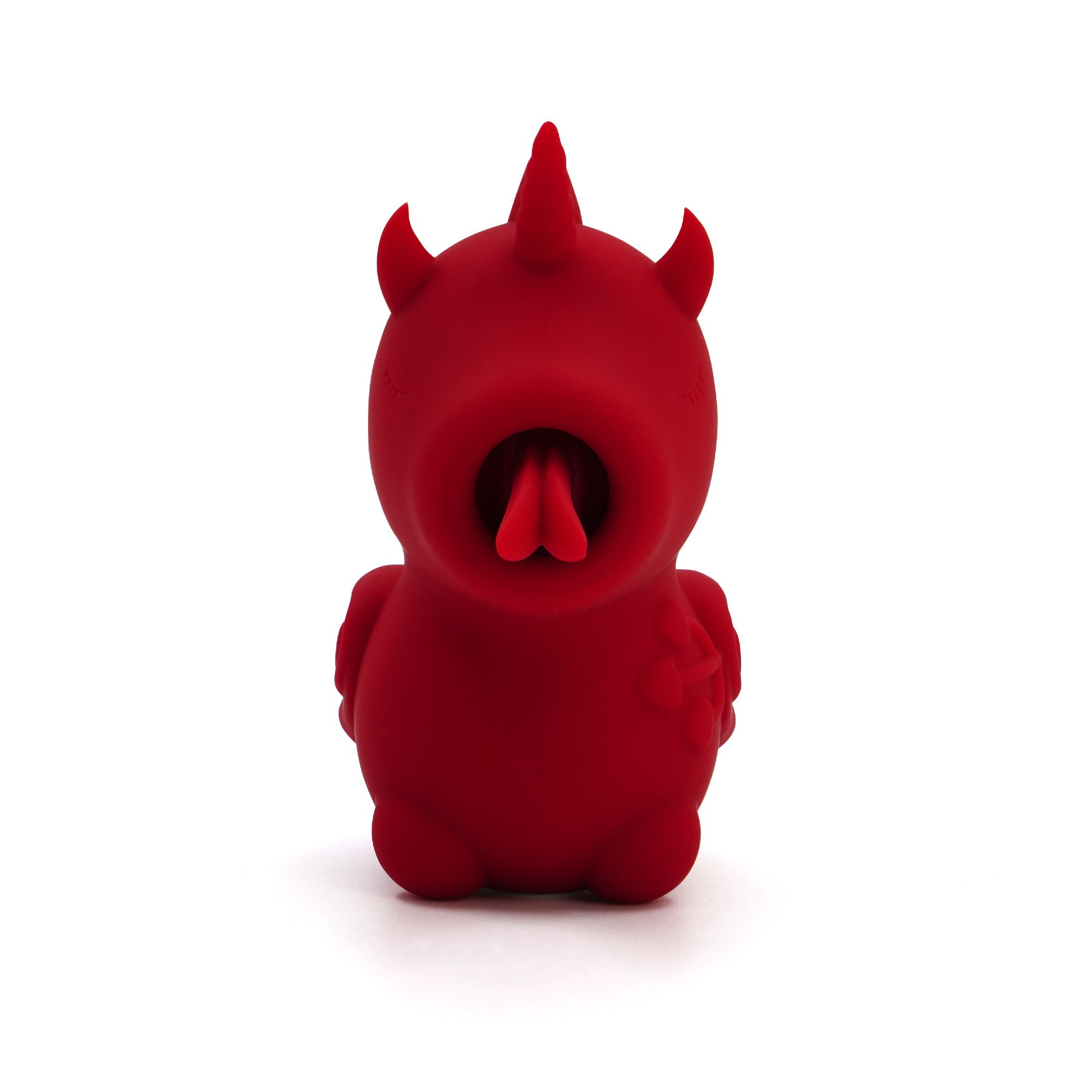 Ein roter Teufel-förmiger Silikon-Masturbator mit Hörnern und einem Horn.