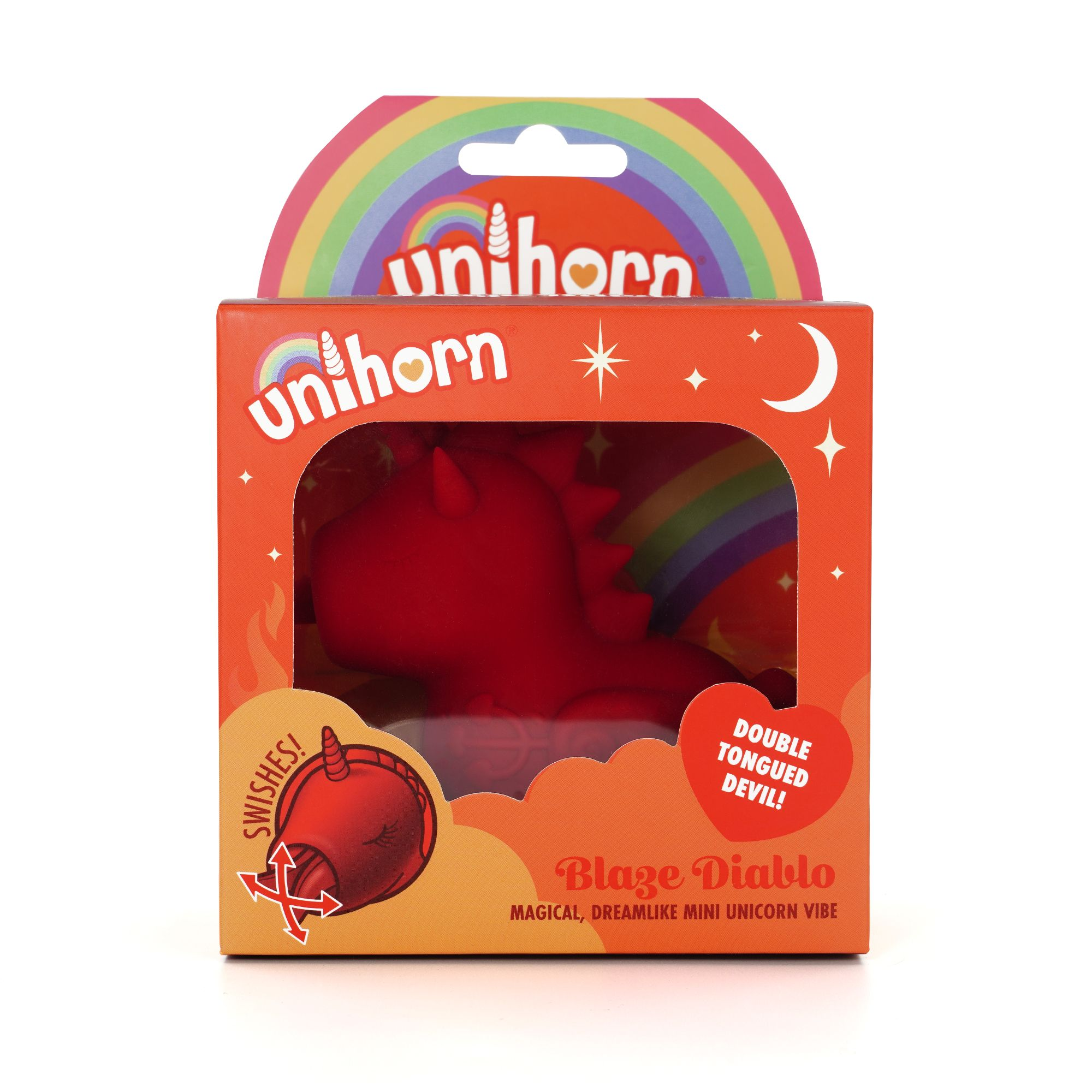 Verpackung mit rotem Teufel-Einhorn-Spielzeug, "Blaze Diablo"-Aufschrift.