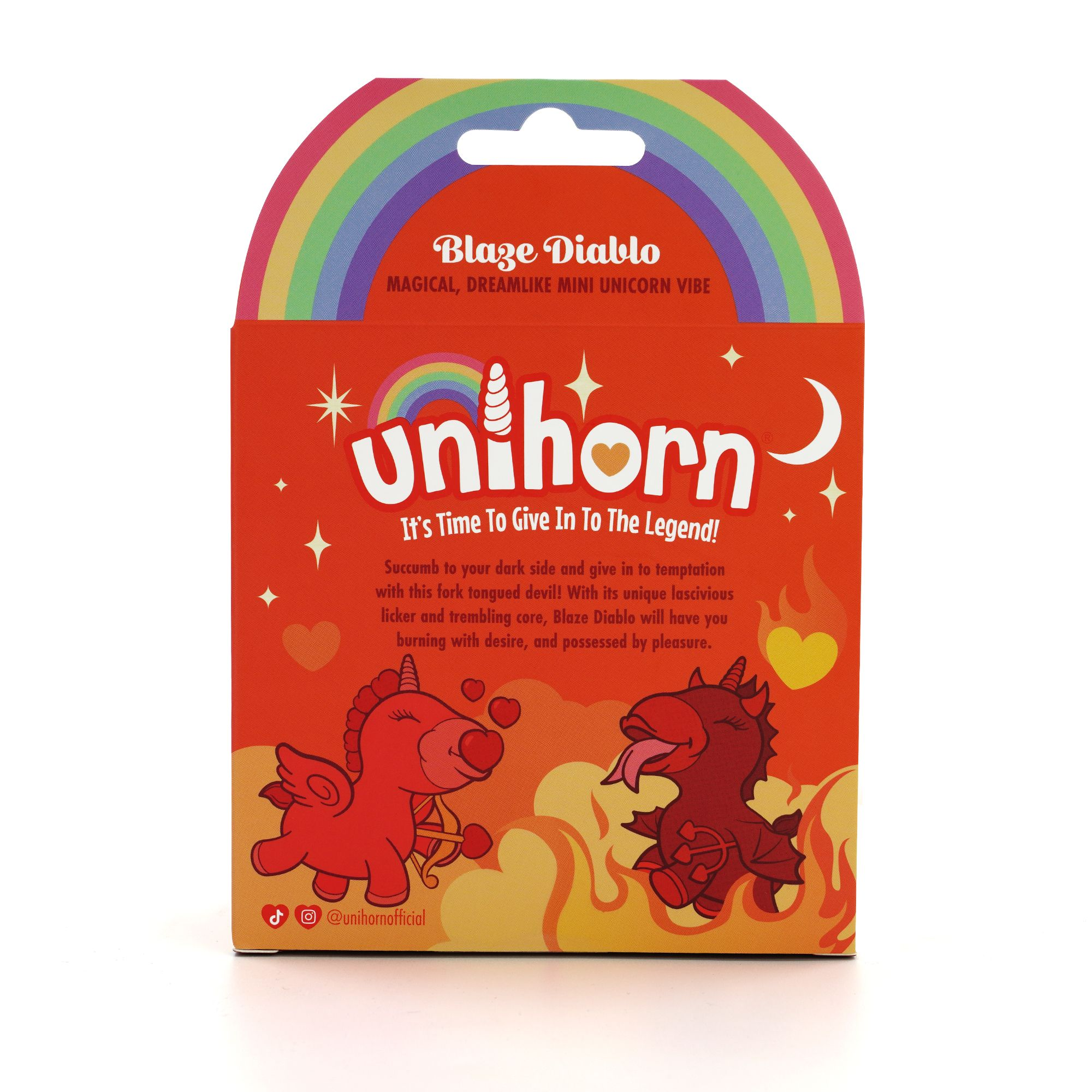 Eine orangefarbene Box mit Regenbogen und dämonischen Einhorn-Illustrationen.