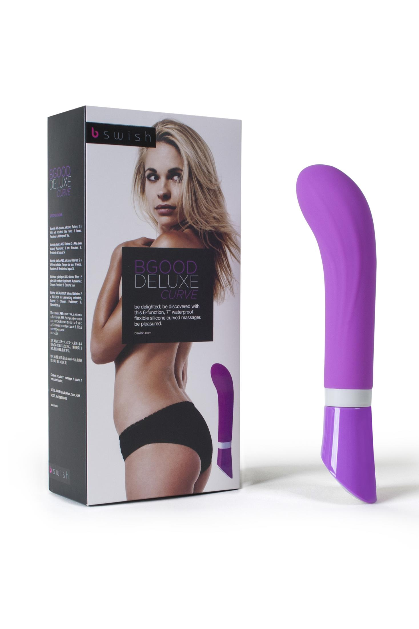 Lila Massagegerät und Verpackung mit Frau. Weißer Hintergrund.