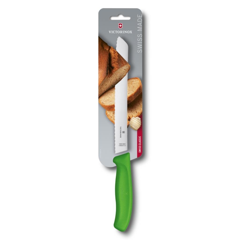 Yeşil saplı Victorinox tırtıklı ekmek bıçağı, ambalajında ekmek dilimleri ile birlikte.