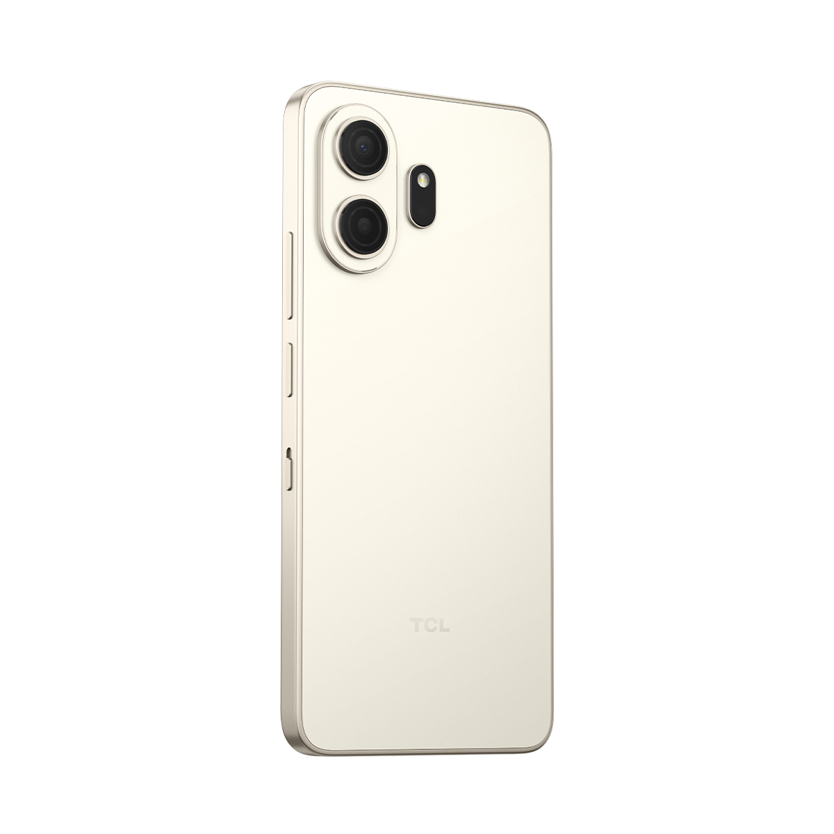 Ein cremefarbenes Smartphone mit zwei Kameras und TCL-Logo auf der Rückseite.