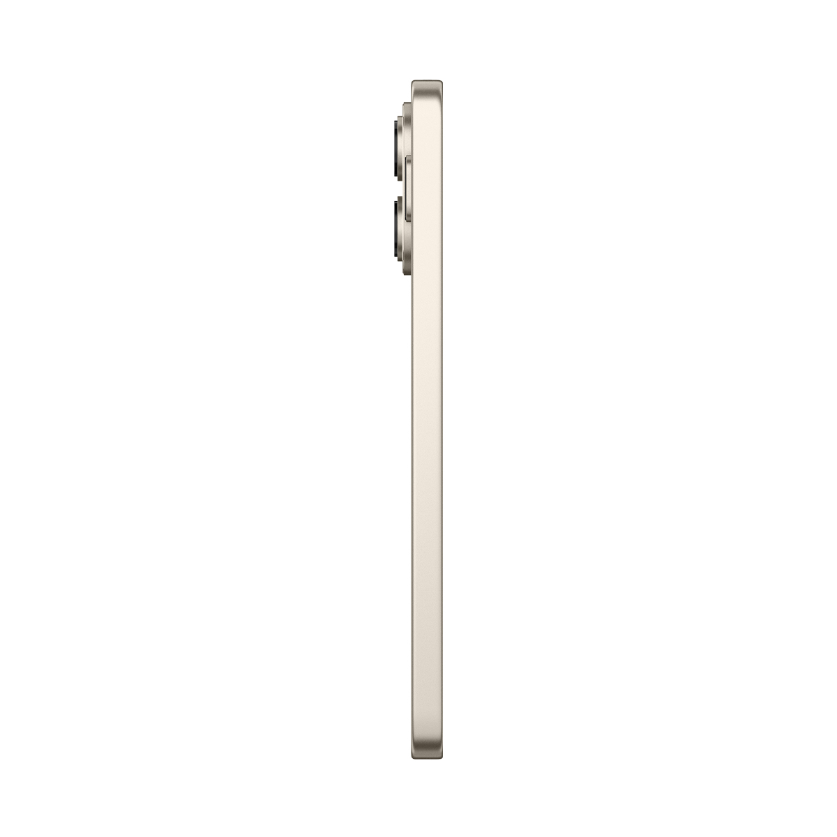 Ein hellgoldenes Smartphone, von der Seite mit drei Kameralinsen gezeigt.