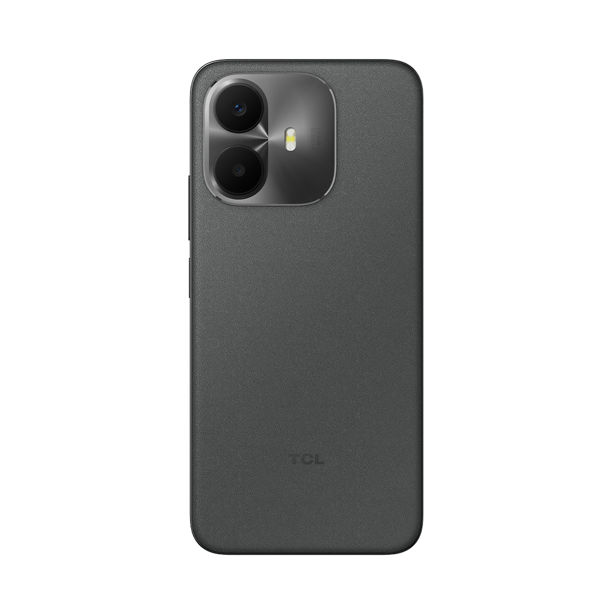 Parte trasera de un smartphone oscuro con cámara de doble lente y logo TCL.