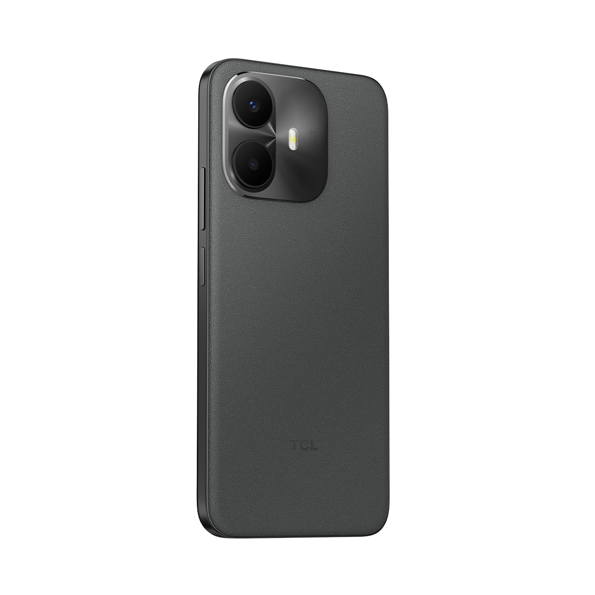 Parte trasera de un smartphone oscuro con dos cámaras y logo TCL.