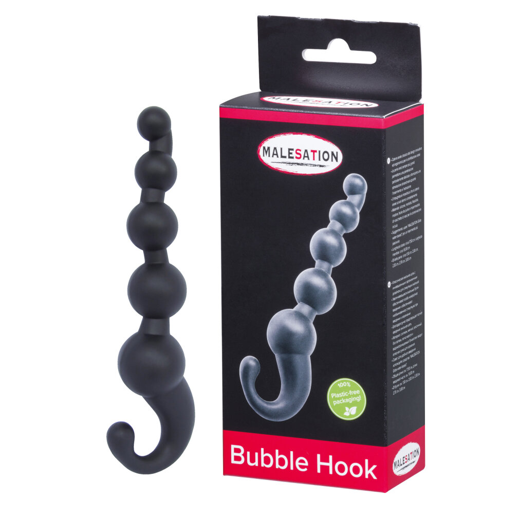 Ein schwarzer, kugelförmiger Haken mit Haken. Daneben eine schwarze Verpackung.