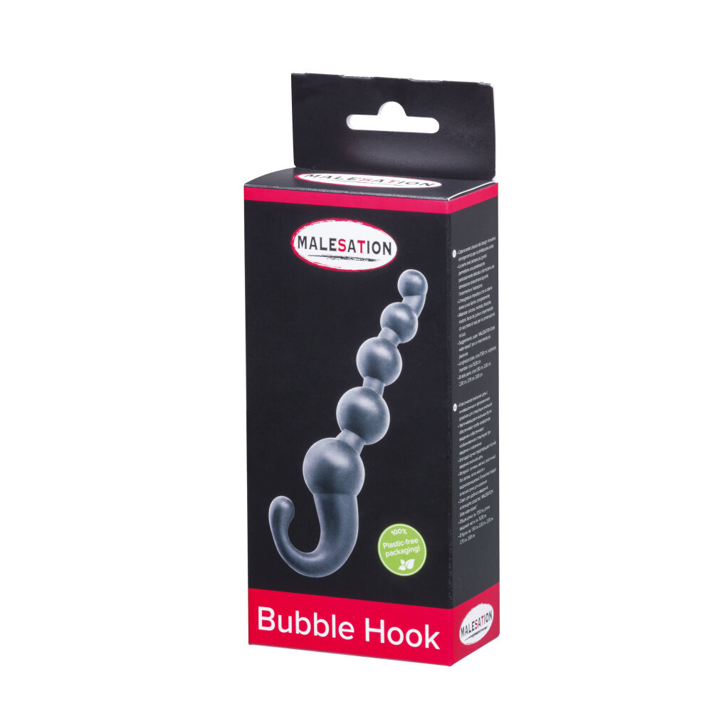Schwarze Verpackung mit einem grauen<br/>Perlenanhänger und der Aufschrift "Bubble Hook".