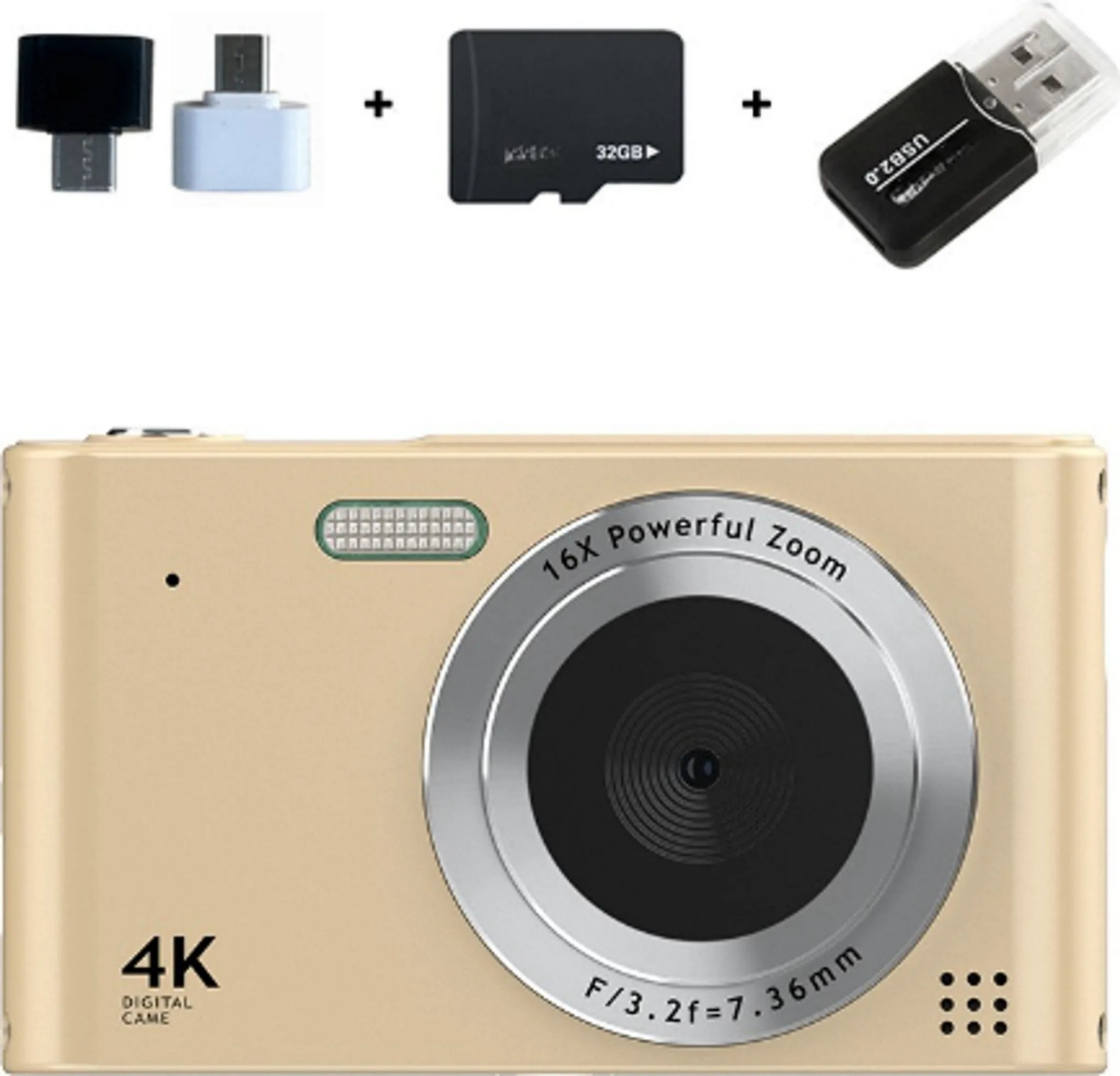 Goldene 4K-Digitalkamera mit 16-fachem Zoom, plus USB-Stick, SD-Karte und Adaptern.