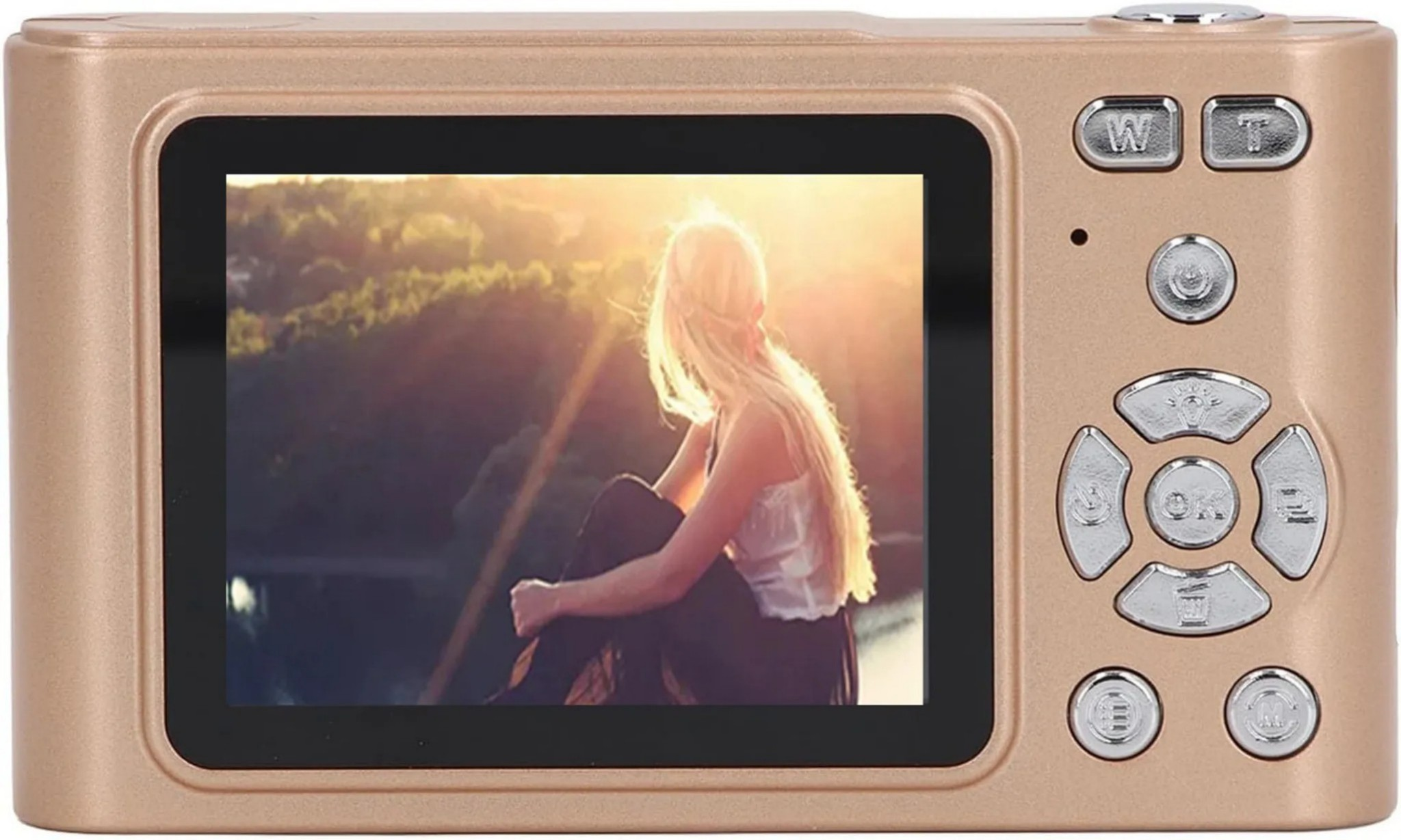 Goldene Digitalkamera zeigt eine blonde Frau im Sonnenlicht mit Bäumen.