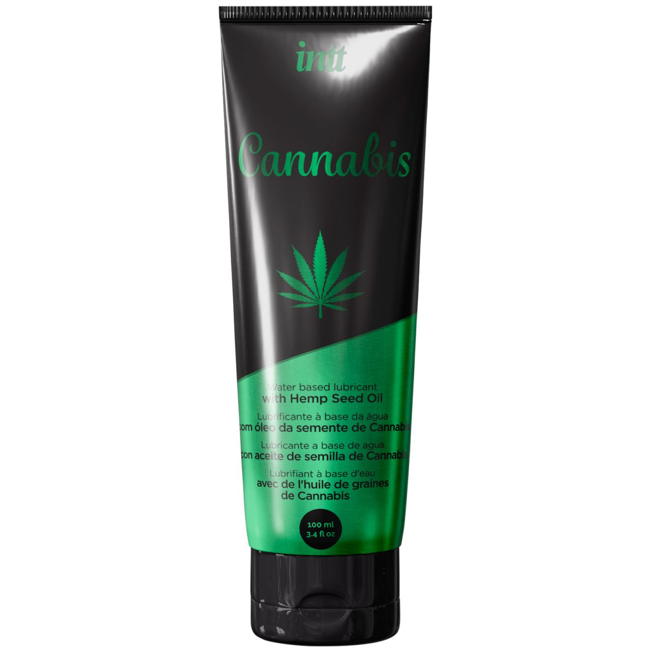 Schwarze Tube mit grünem Cannabisblatt-Logo und Text. Wasserbasiertes Gleitmittel mit Hanfsamenöl.