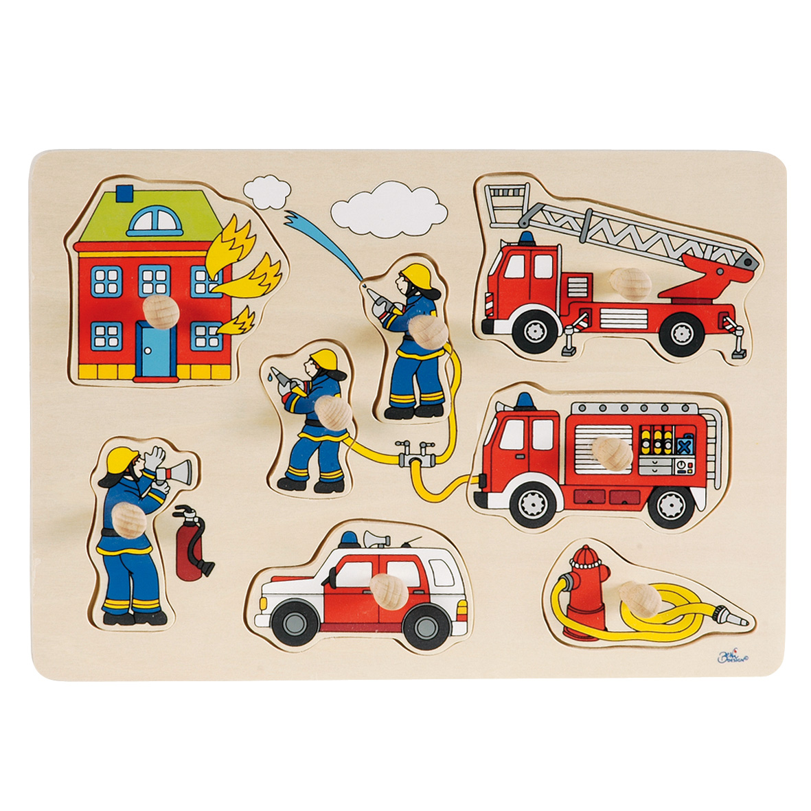 Holzpuzzle mit Feuerwehr-Thema: Haus, Feuerwehrmänner, Feuerwehrautos, Hydrant.
