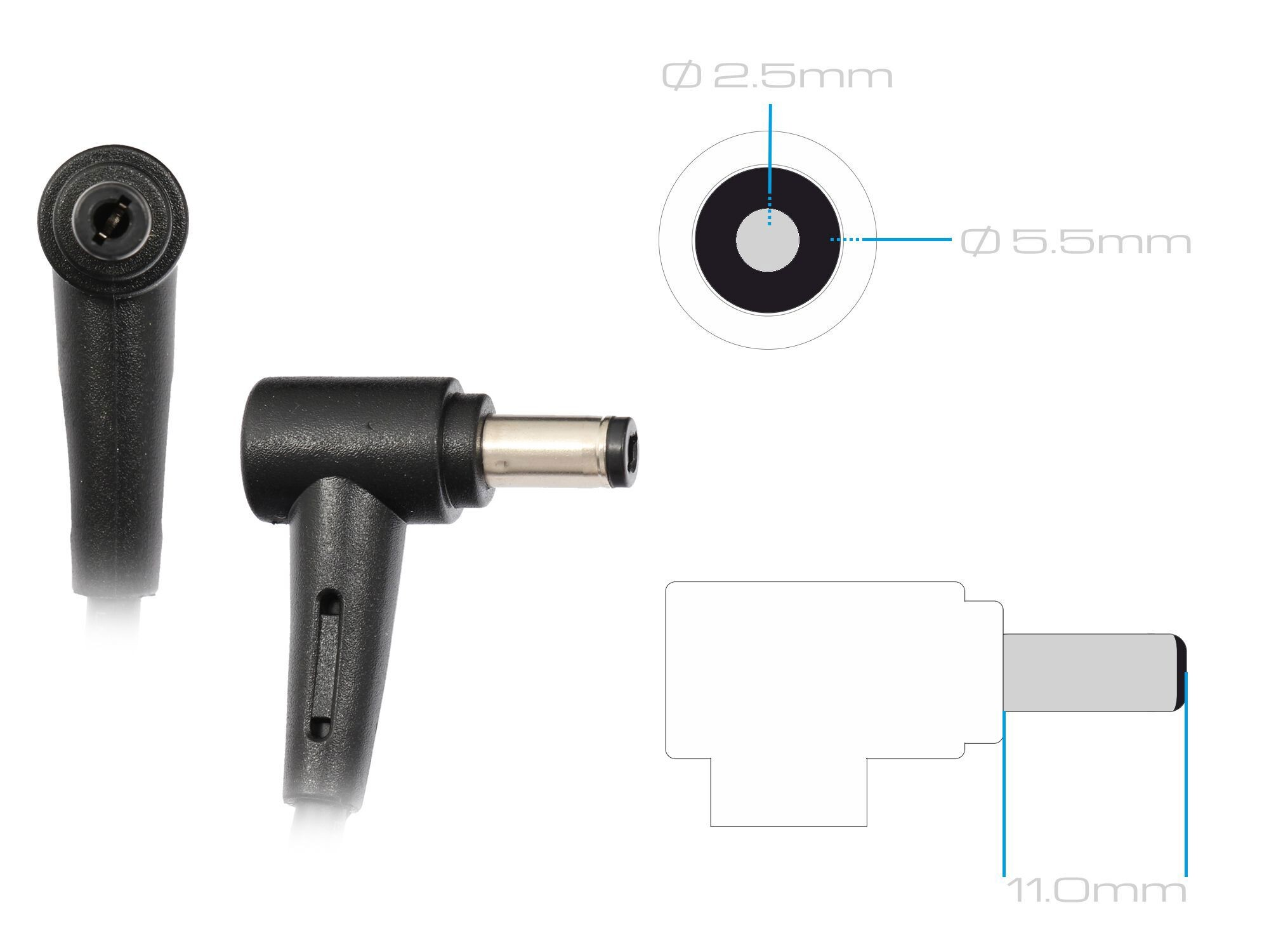 Ein schwarzer, gewinkelter DC-Stecker mit Maßen und Schemazeichnung.