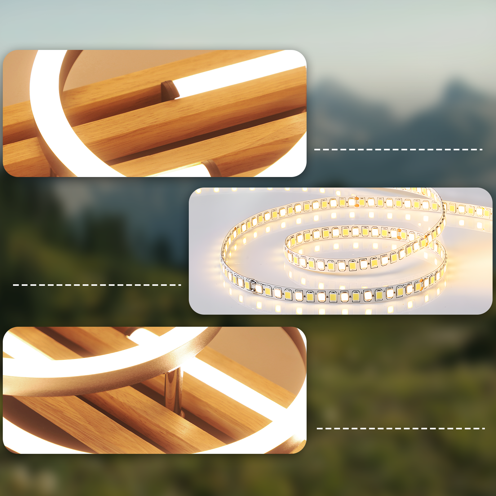 Primo piano di doghe di legno con strisce LED e un rotolo di strisce LED.