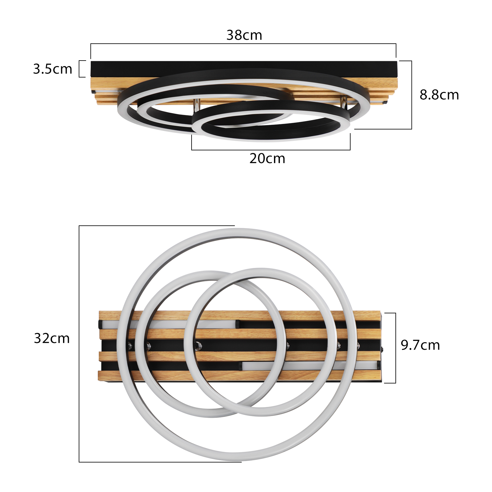 Un apparecchio di illuminazione rettangolare nero e legno con due anelli bianchi sovrapposti, dimensioni 38x8,8cm e 32x9,7cm.