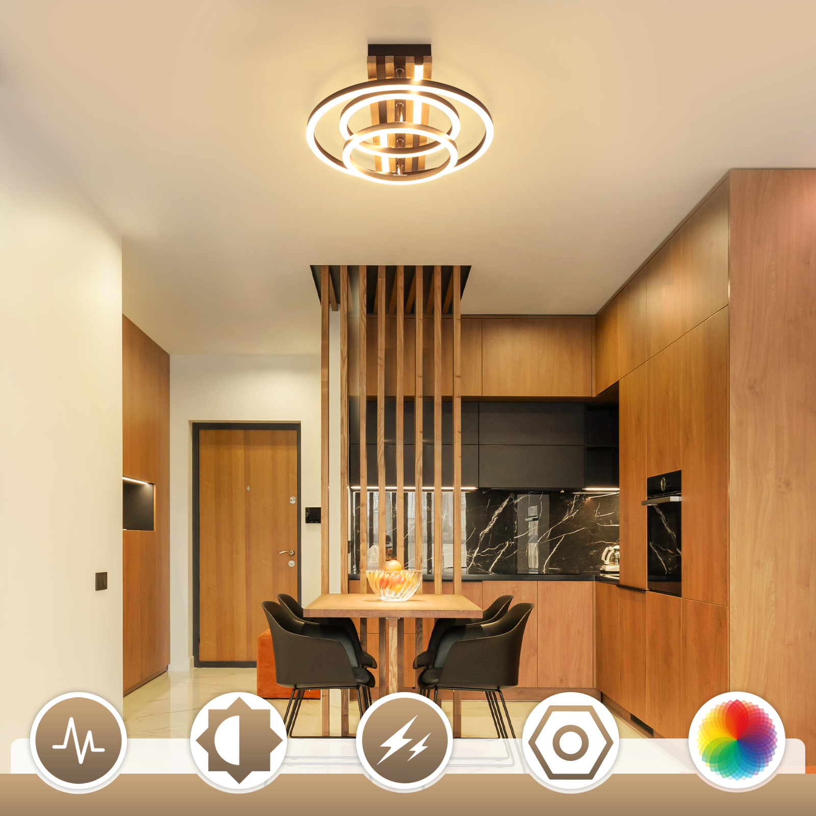 Spazio moderno con accenti in legno, tavolo da pranzo, cucina e luci circolari a soffitto.