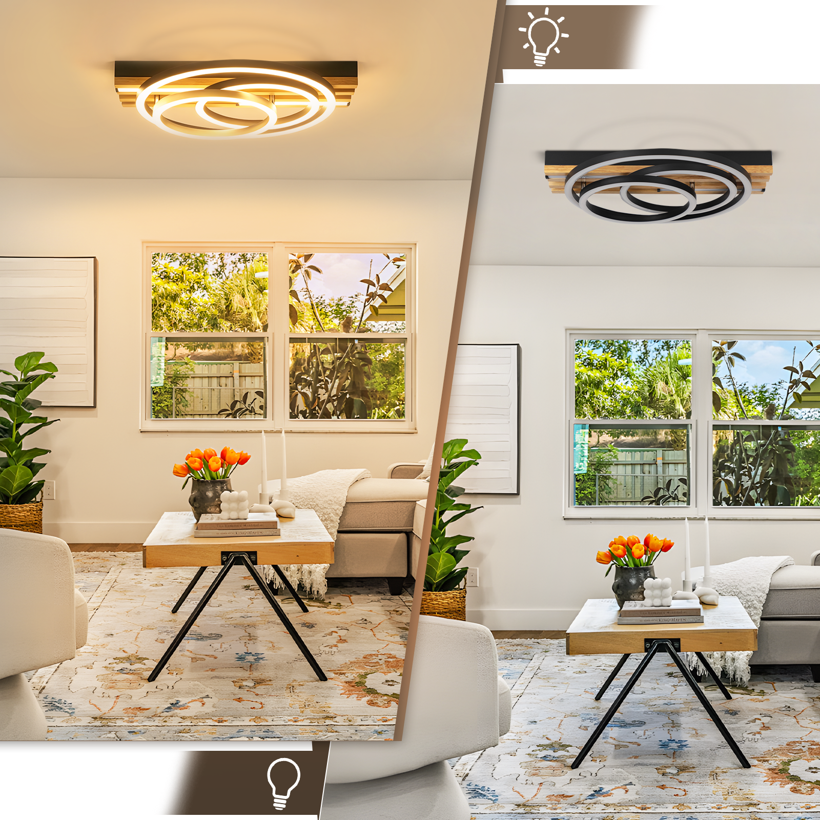Lampada da soffitto moderna ad anelli sopra un tavolino da salotto con tulipani.