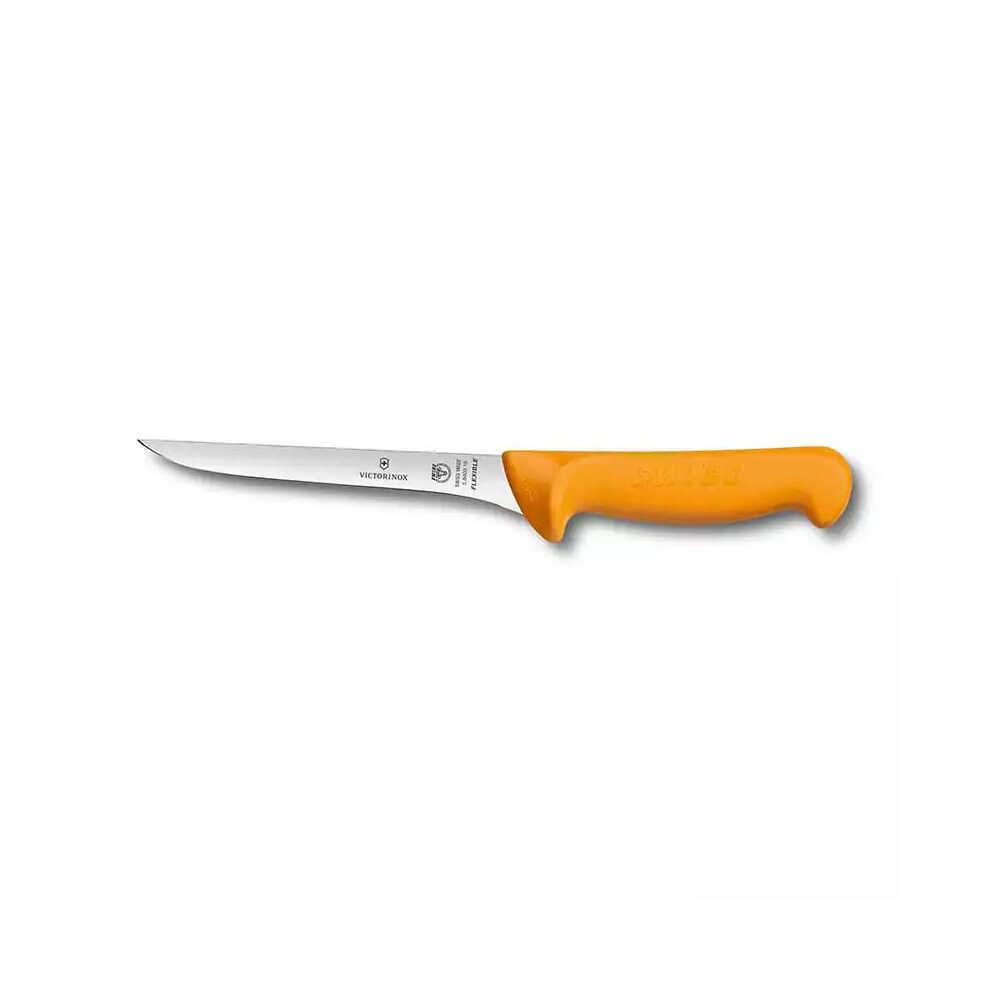 Uzun, esnek bıçaklı turuncu bir Victorinox balık bıçağı.