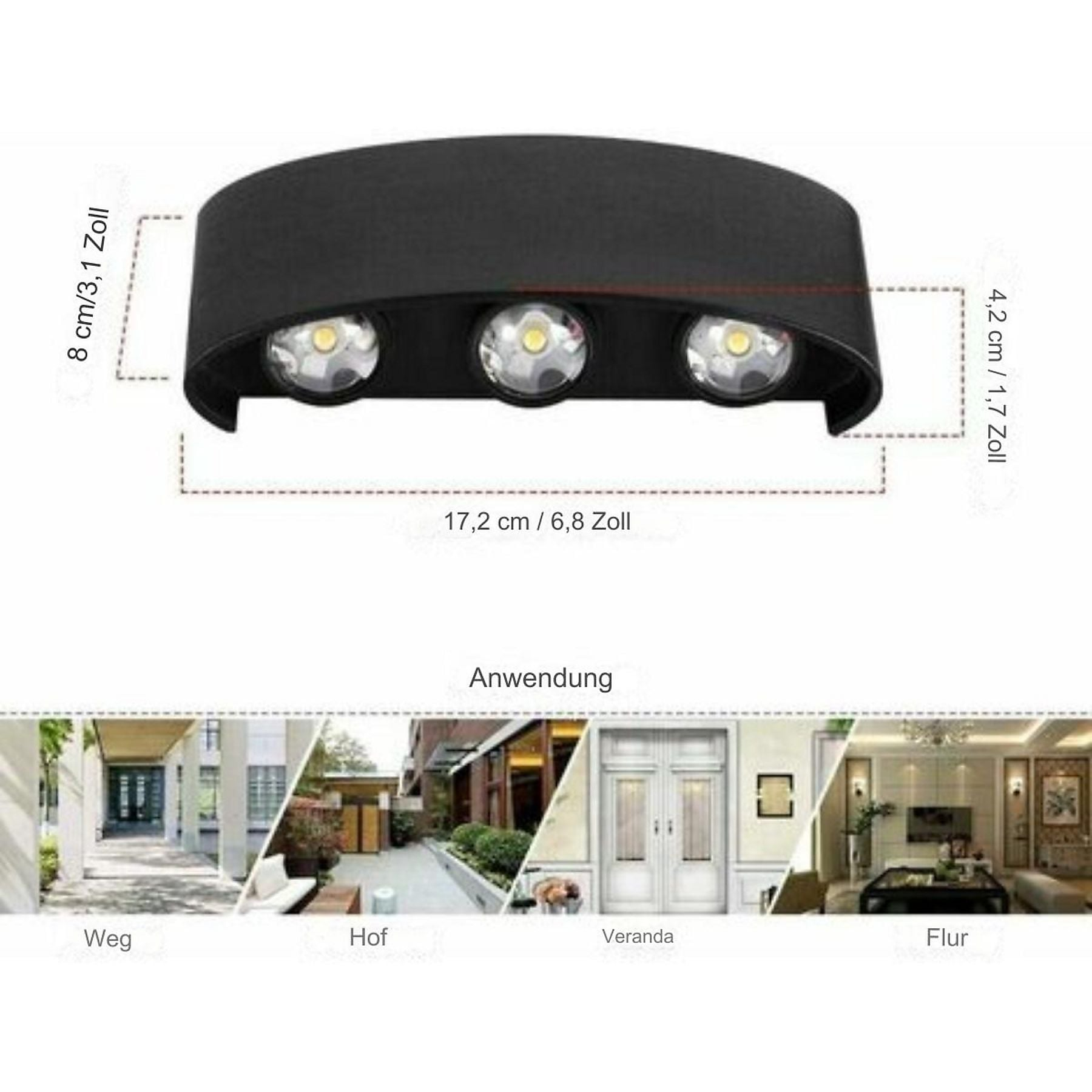 Schwarze Wandleuchte mit drei LEDs, Maße angegeben. Anwendungsbeispiele: Weg, Hof, Veranda, Flur.