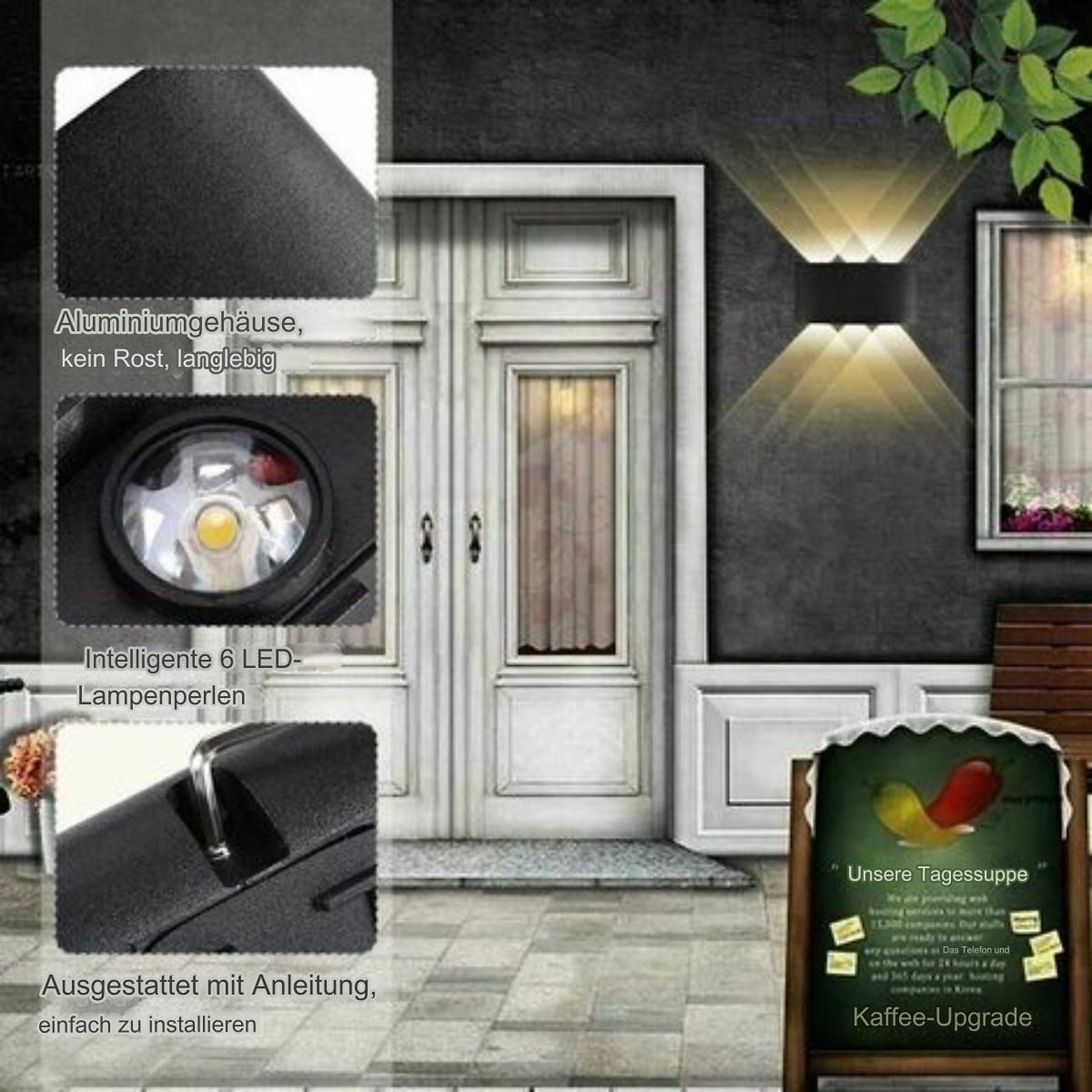 Außenwandleuchte mit Aluminiumgehäuse, 6 LEDs, beleuchtet eine weiße Tür.