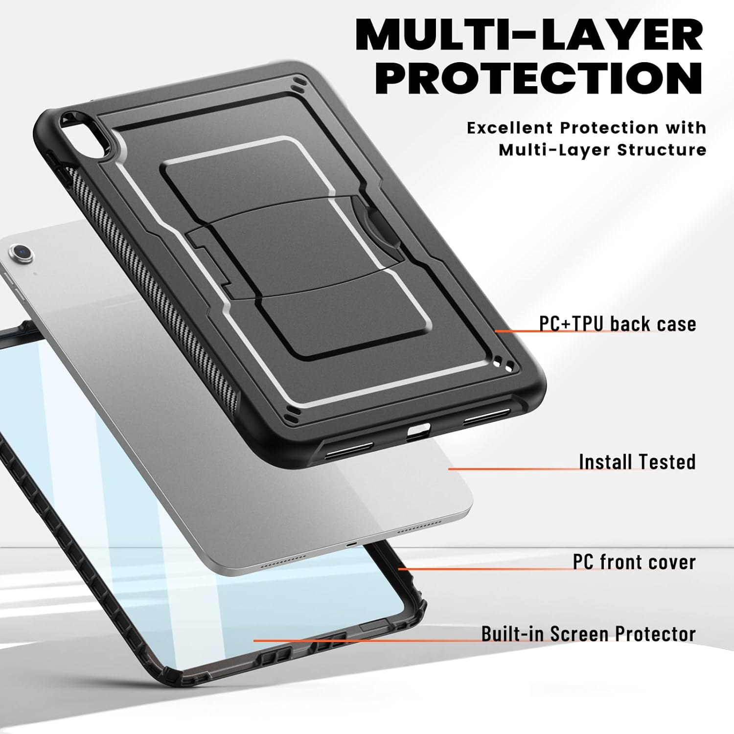 Schwarzes Tablet-Schutzgehäuse mit mehrschichtigem Aufbau und integriertem Displayschutz.