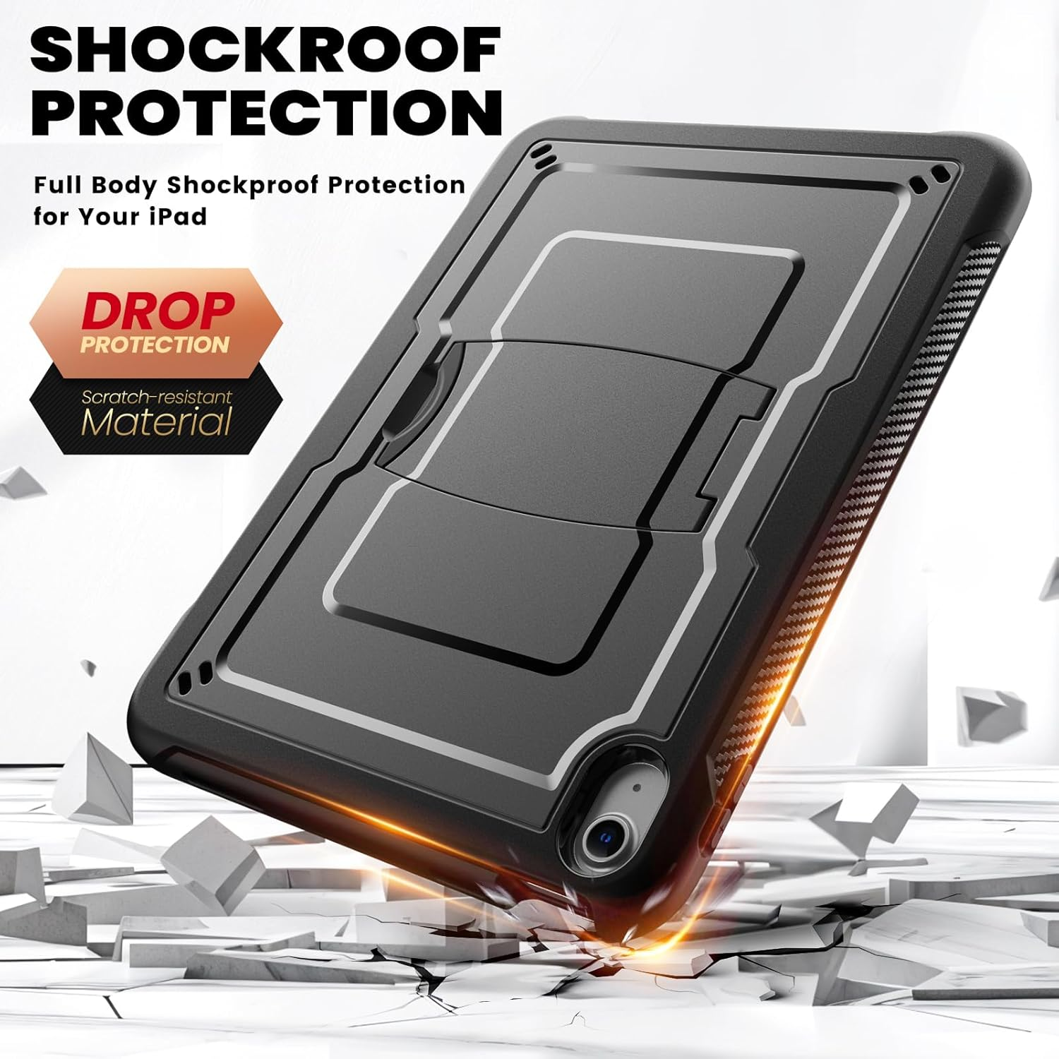 Schwarzes iPad-Case auf zerbrochenem Boden, mit Text über Stoßfestigkeit.