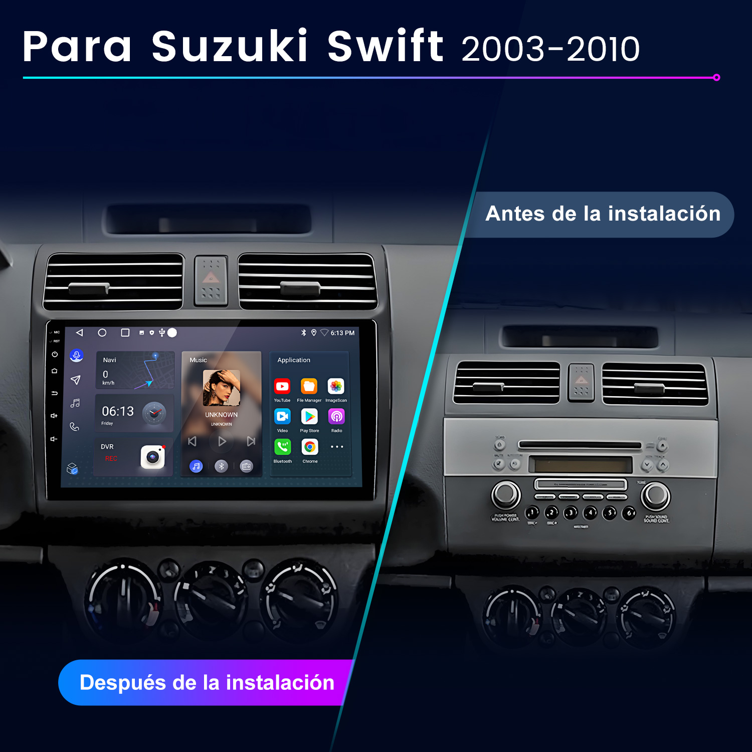 Comparación del salpicadero de un Suzuki Swift antes y después de instalar un nuevo sistema de infoentretenimiento.
