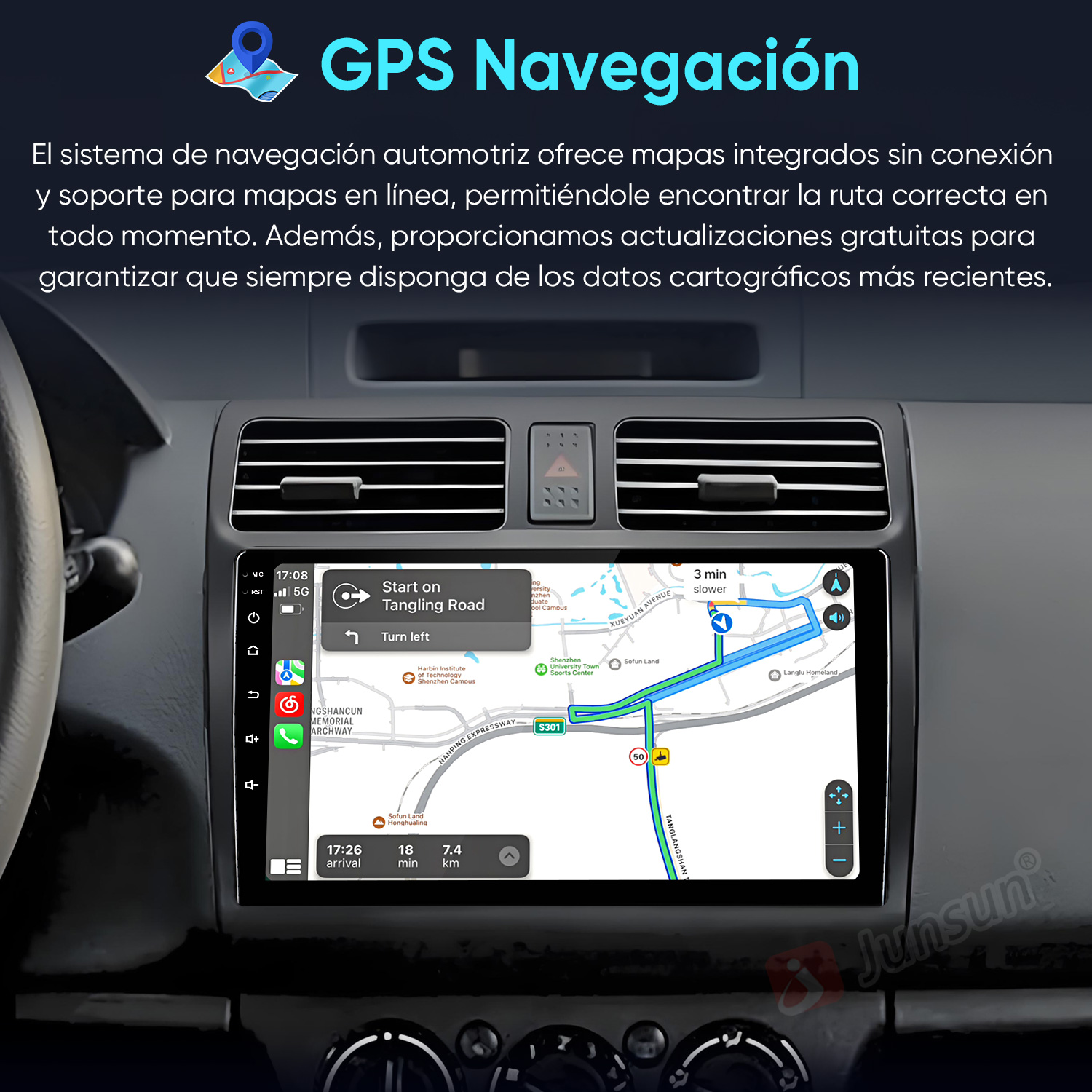 Salpicadero de coche mostrando una pantalla de navegación GPS con una ruta.