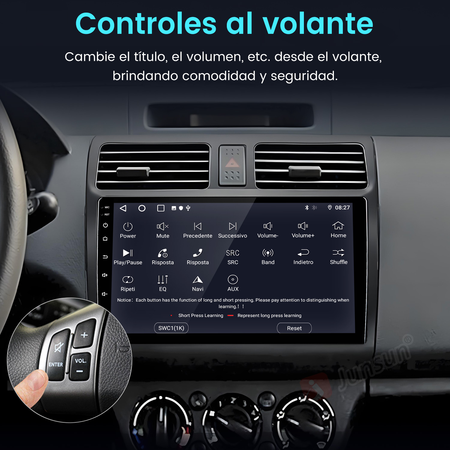 Un dedo presiona un botón en el volante de un coche con pantalla de infoentretenimiento.