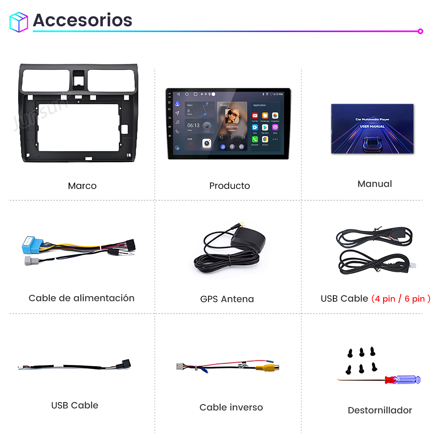 Una pantalla de accesorios para coche muestra un marco, radio, manual, cables y herramientas.