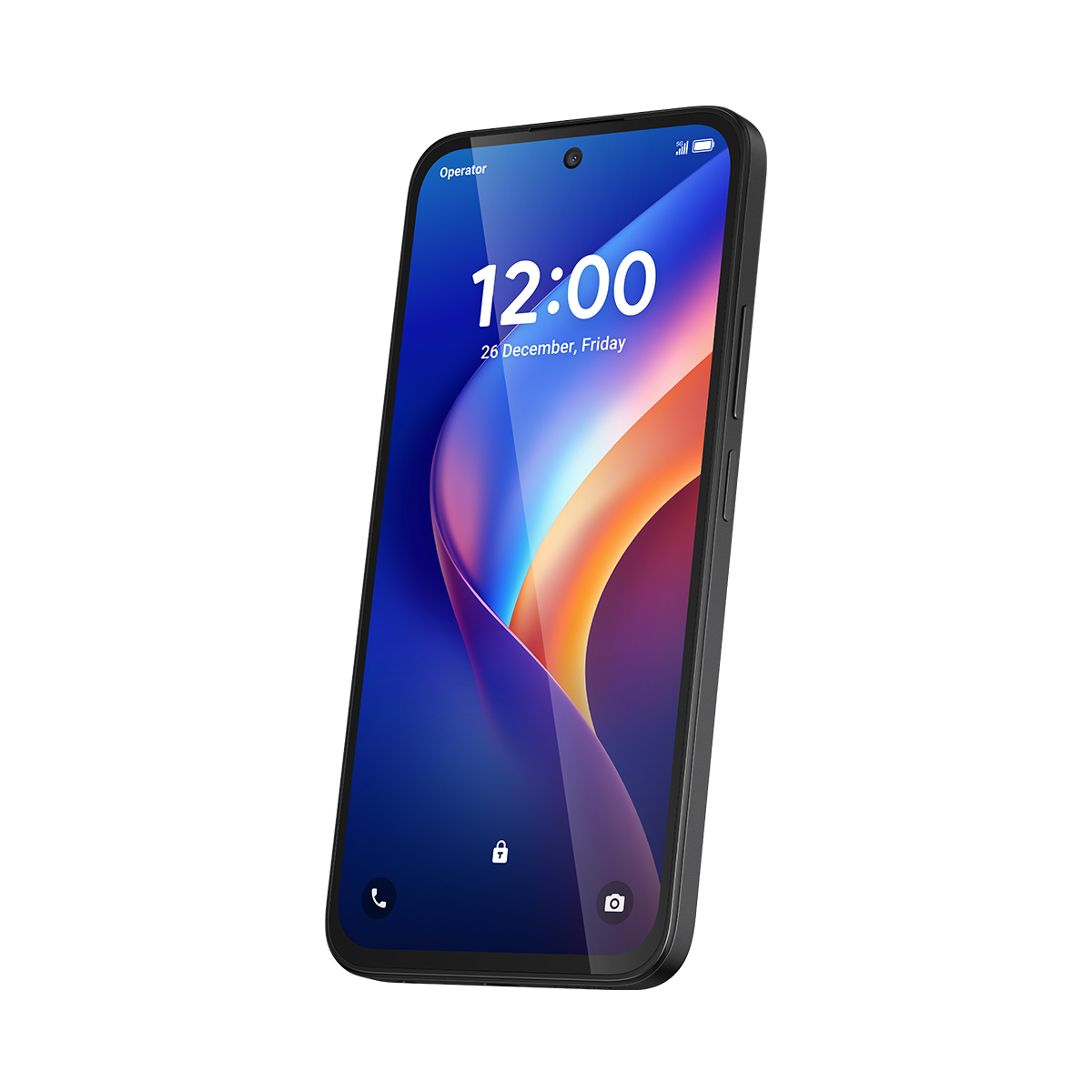 Czarny smartfon wyświetlający kolorowy ekran blokady z godziną 12:00.