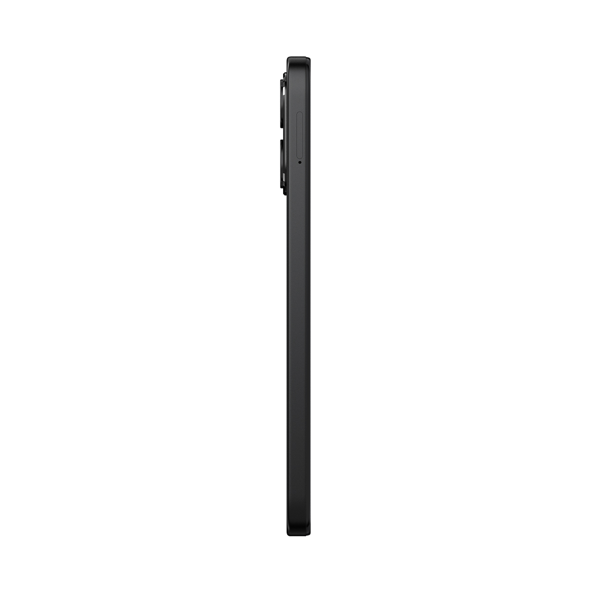 Czarny smartfon w profilu na białym tle, widoczne obiektywy aparatu.