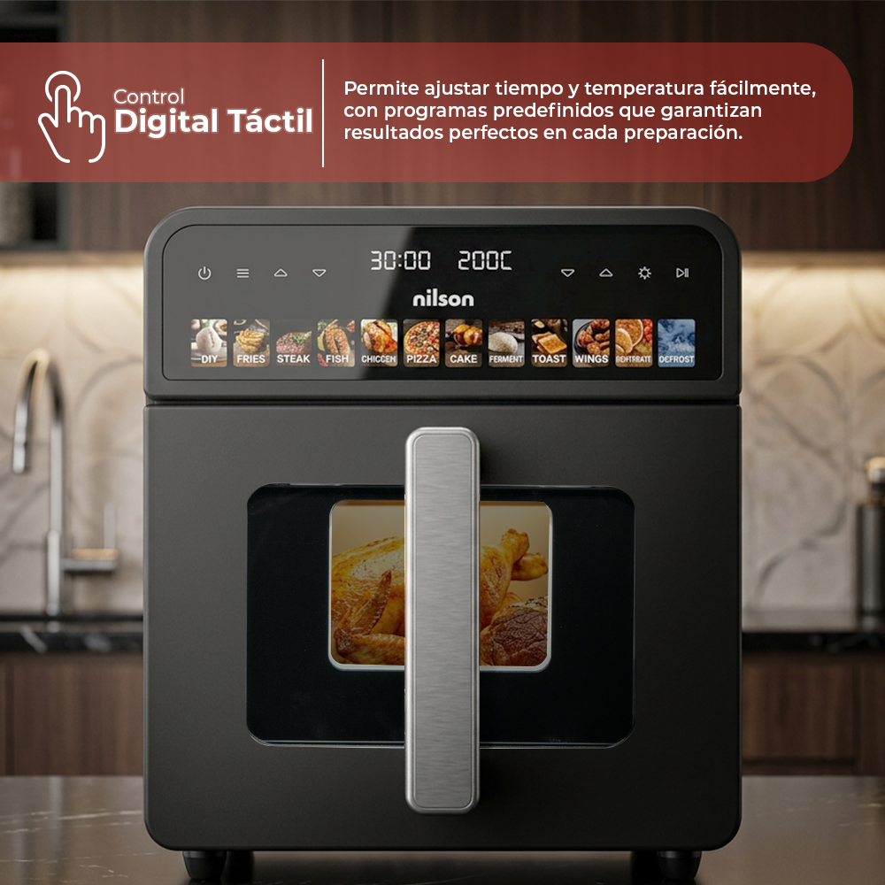 Un horno digital negro con pantalla táctil y programas de cocción, asando un pollo dentro.