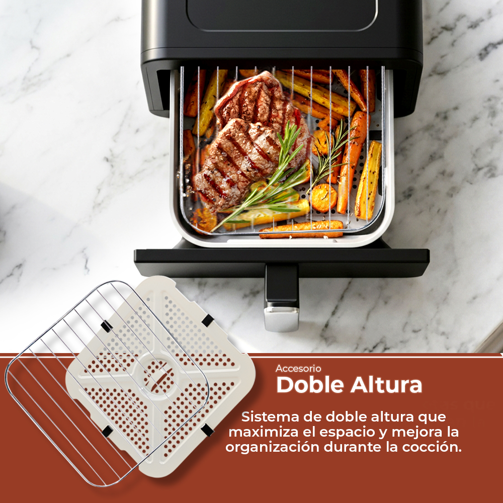Un filete y verduras se cocinan en una parrilla. Al lado hay un accesorio.